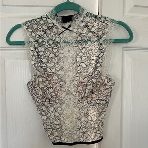Victoria's Secret White Floral Lace Sheer Sleeveless Top with Black Trim
